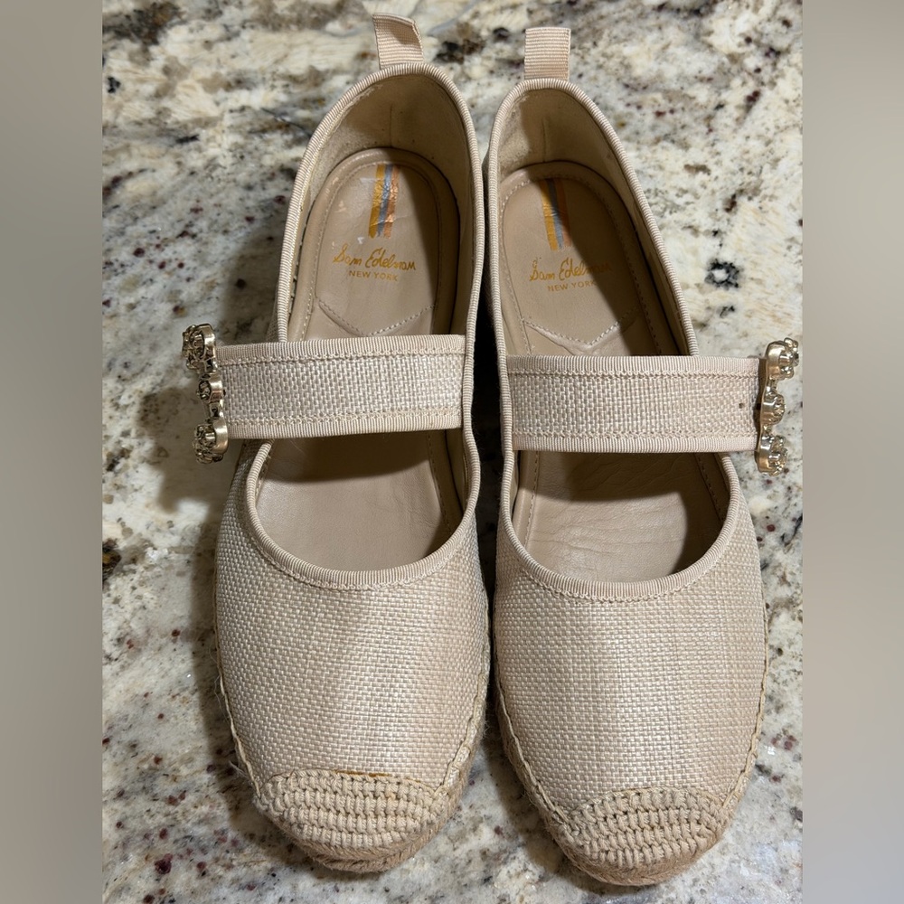 Sam Edelman Beige Espadrille Mary Jane Flats with Crystal Buckle
